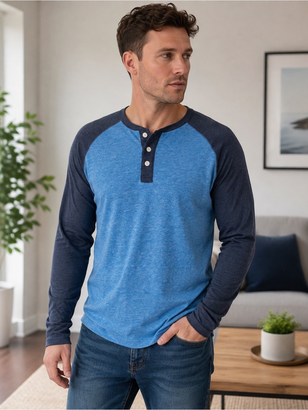 Urban Pipeline Blue & Navy Raglan Henley – Men’s
